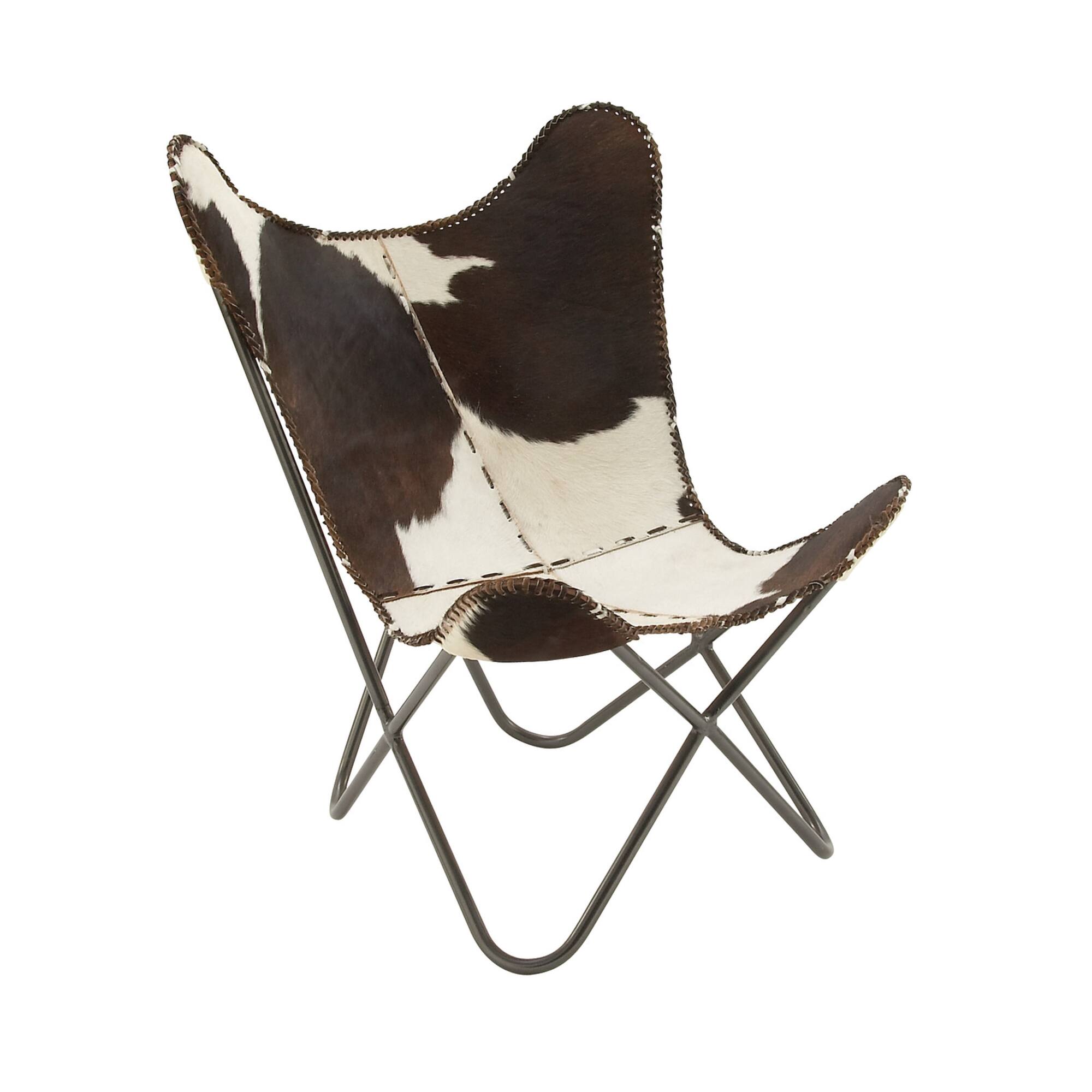 White Cow Hide Leather and Iron Rustic Accent Chair, 36" x 29" x 30"